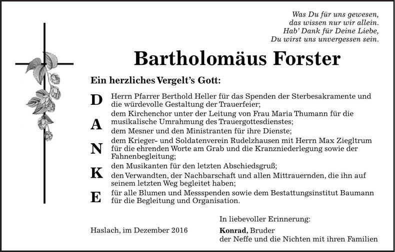 Traueranzeige Bartholomäus Forster