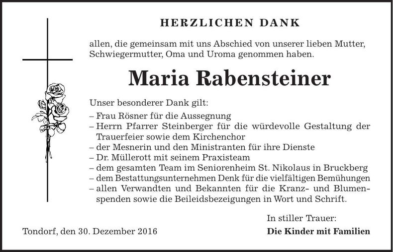 Traueranzeige Maria Rabensteiner