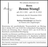 Traueranzeige Benno Stangl