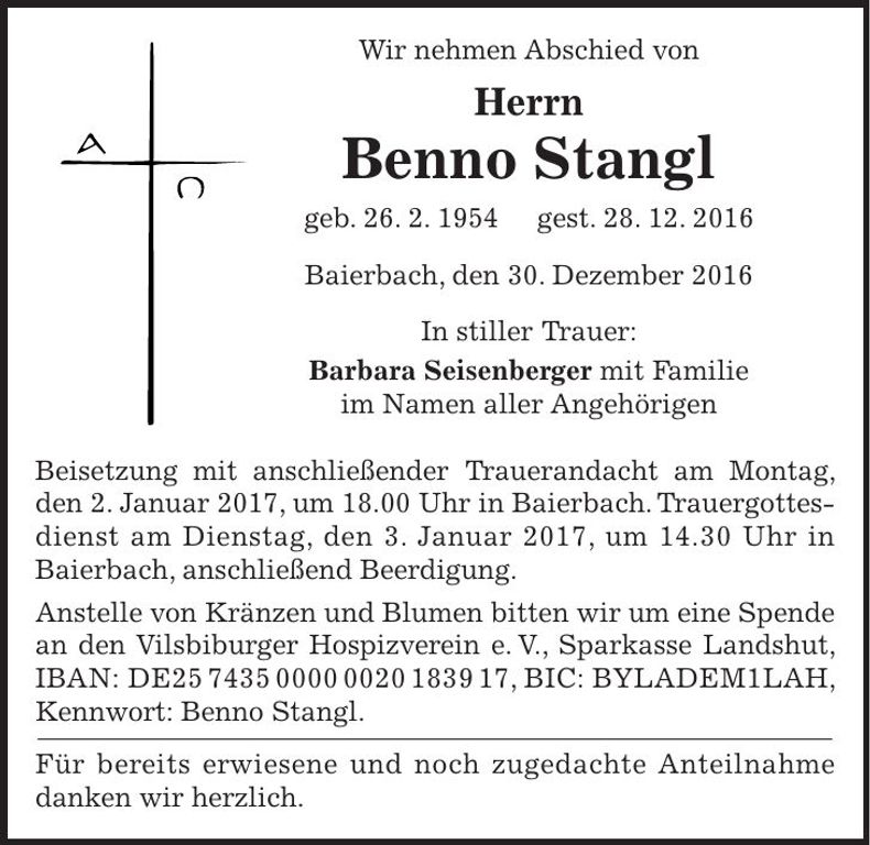 Traueranzeige Benno Stangl