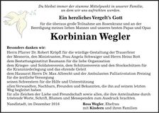 Traueranzeige Korbinian Wegler