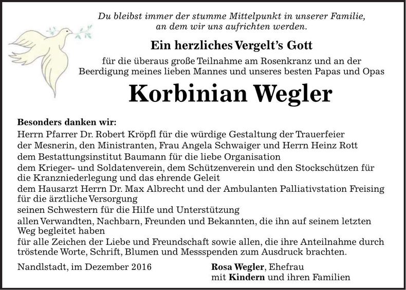 Traueranzeige Korbinian Wegler