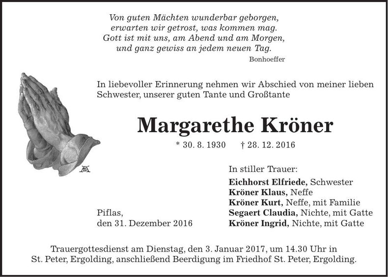 Traueranzeige Margarethe Kröner