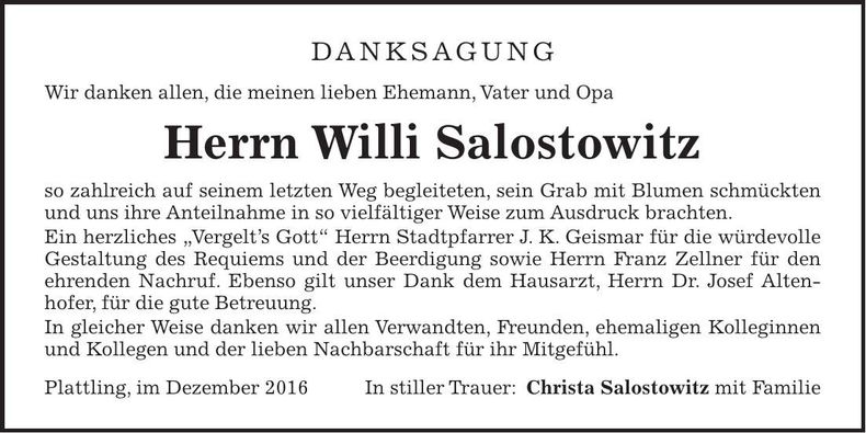 Traueranzeige Willi Salostowitz