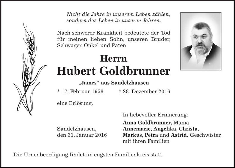 Traueranzeige Hubert Goldbrunner
