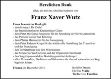 Traueranzeige Franz Wutz