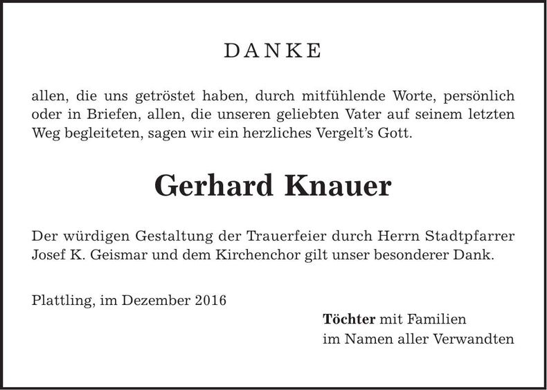 Traueranzeige Gerhard Knauer