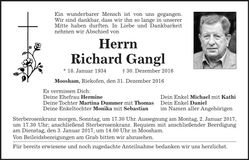Traueranzeige Richard Gangl