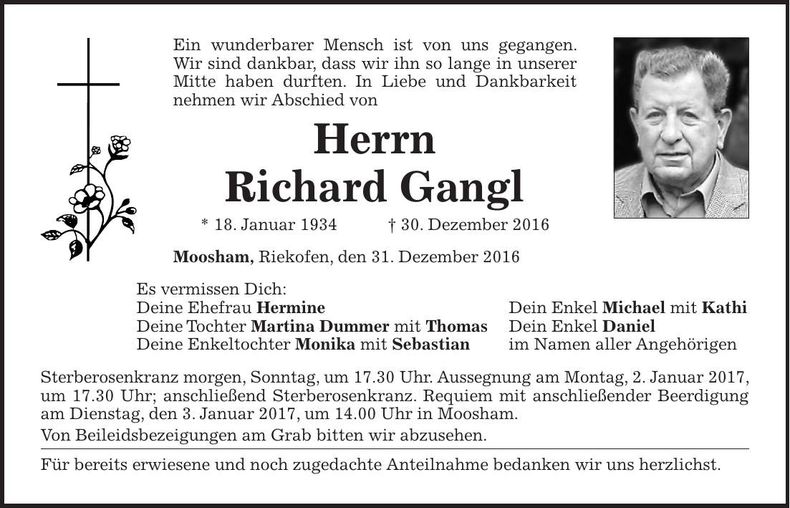 Traueranzeige Richard Gangl
