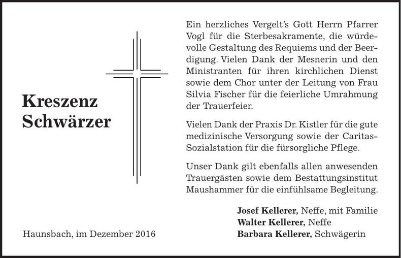 Traueranzeige Kreszenz Schwärzer