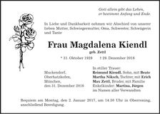 Traueranzeige Magdalena Kiendl