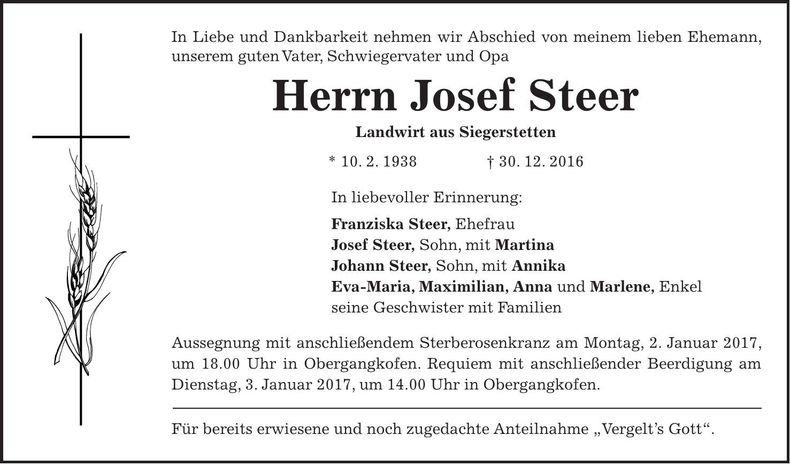Traueranzeige Josef Steer