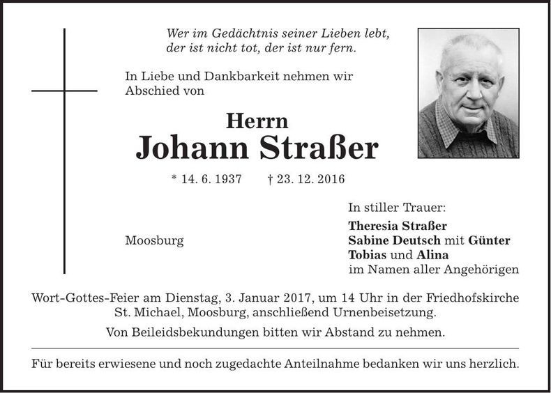 Traueranzeige Johann Straßer