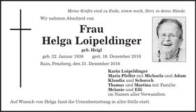 Traueranzeige Helga Loipeldinger