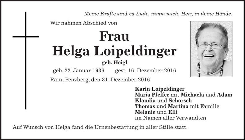 Traueranzeige Helga Loipeldinger