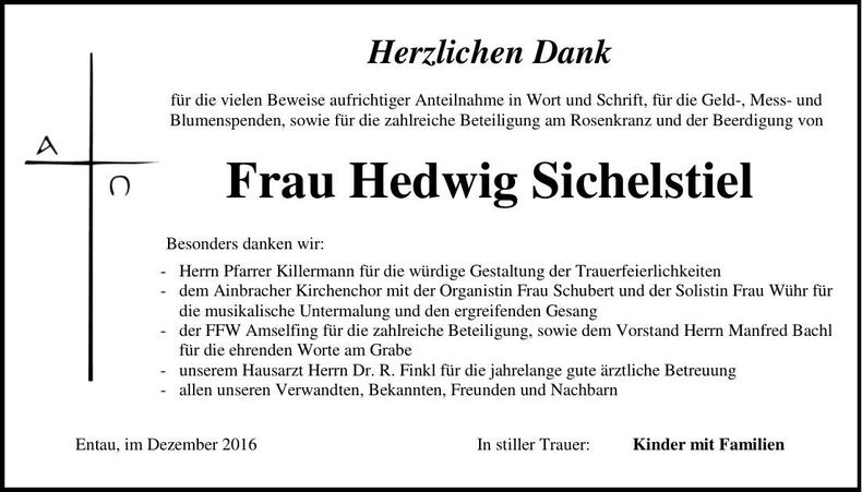 Traueranzeige Hedwig Sichelstiel