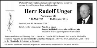 Traueranzeige Rudolf Unger