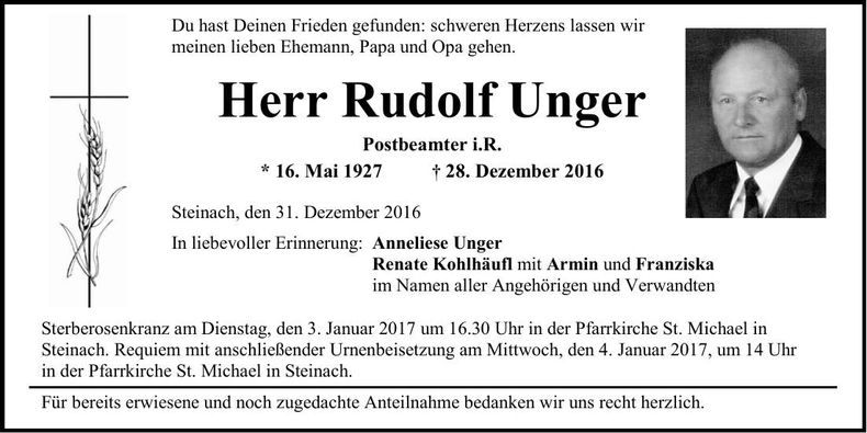 Traueranzeige Rudolf Unger