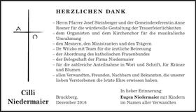 Traueranzeige Cilli Niedermaier