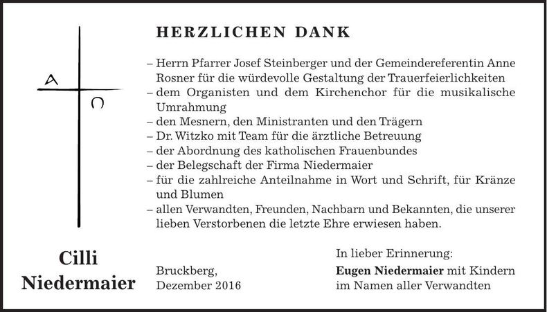 Traueranzeige Cilli Niedermaier