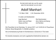 Traueranzeige Adolf Manhart