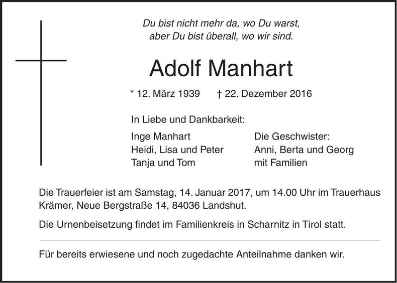 Traueranzeige Adolf Manhart