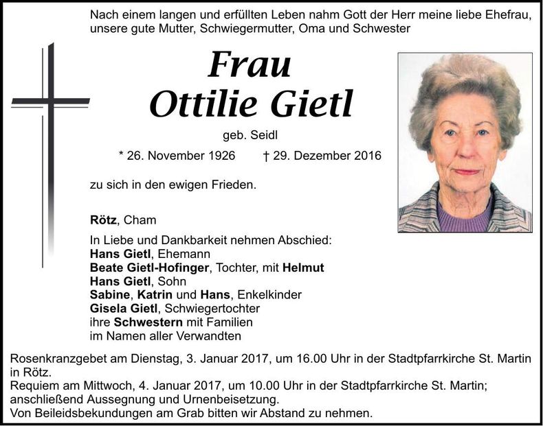 Traueranzeige Ottilie Gietl