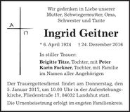Traueranzeige Ingrid Geitner