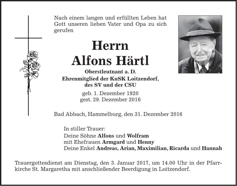 Traueranzeige Alfons Härtl