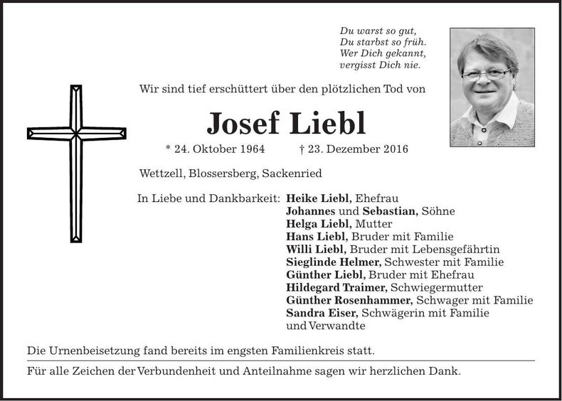 Traueranzeige Josef Liebl