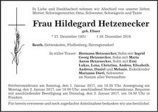 Traueranzeige Hildegard Hetzenecker
