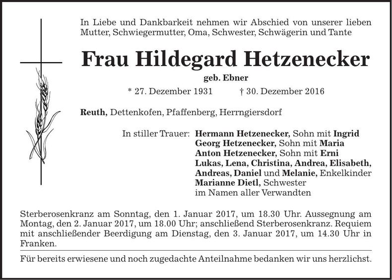 Traueranzeige Hildegard Hetzenecker