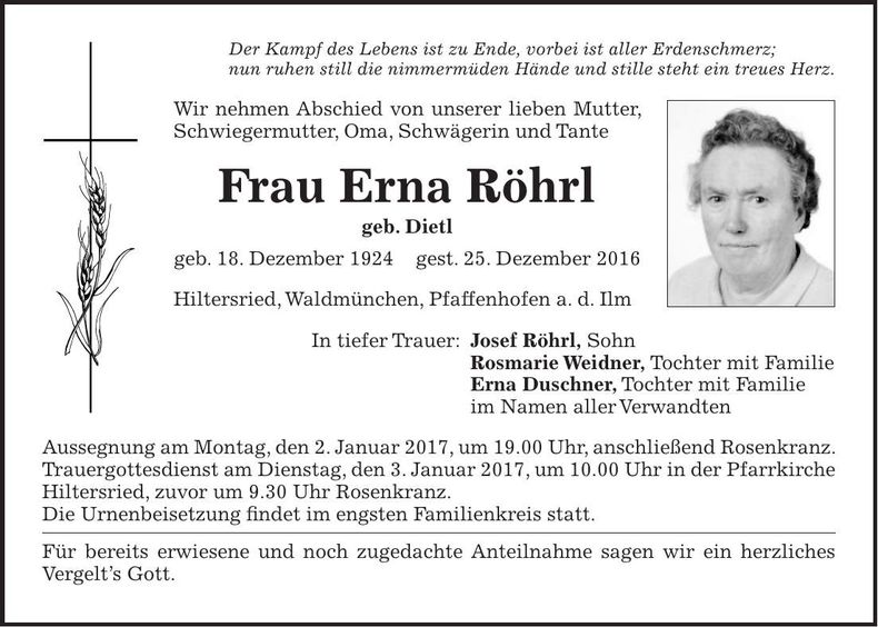 Traueranzeige Erna Röhrl