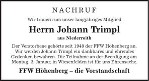 Traueranzeige Johann Trimpl