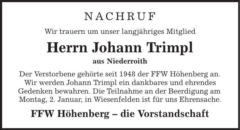 Traueranzeige Johann Trimpl