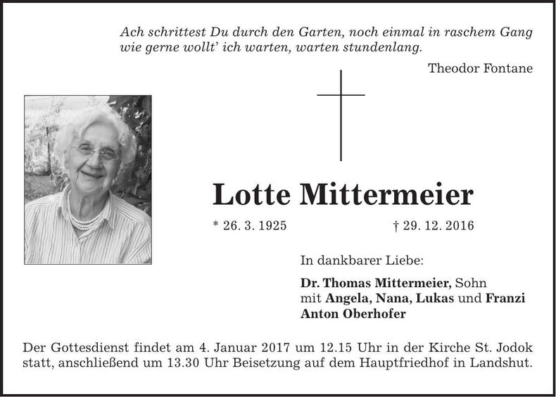 Traueranzeige Lotte Mittermeier