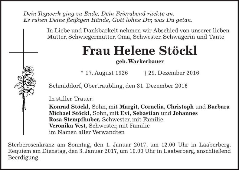 Traueranzeige Helene Stöckl