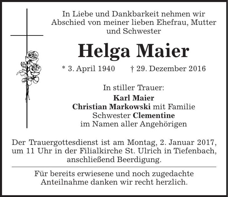 Traueranzeige Helga Maier
