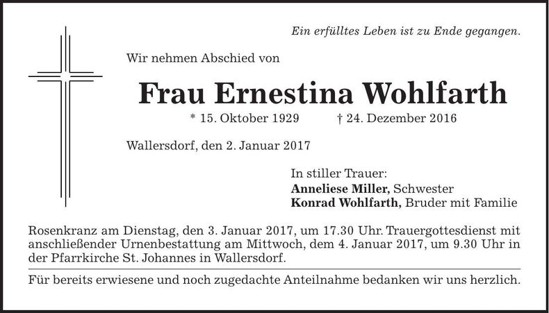Traueranzeige Ernestina Wohlfarth