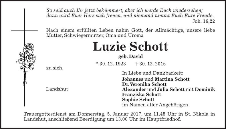 Traueranzeige Luzie Schott