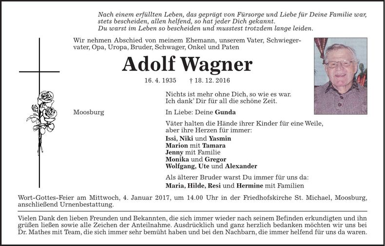 Traueranzeige Adolf Wagner