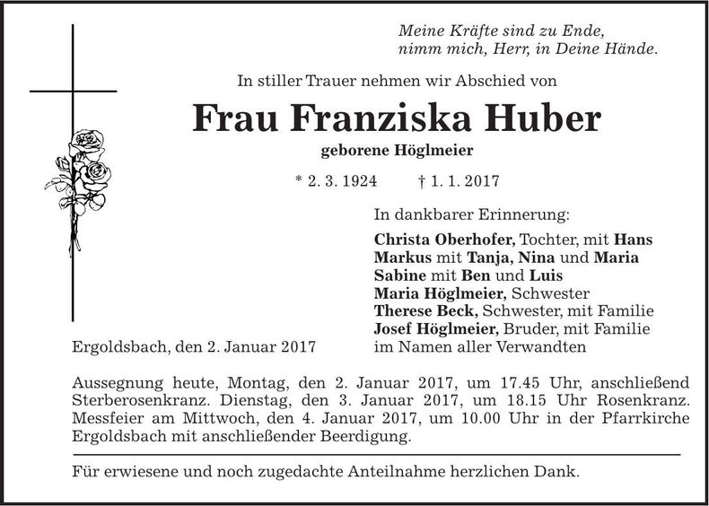 Traueranzeige Franziska Huber