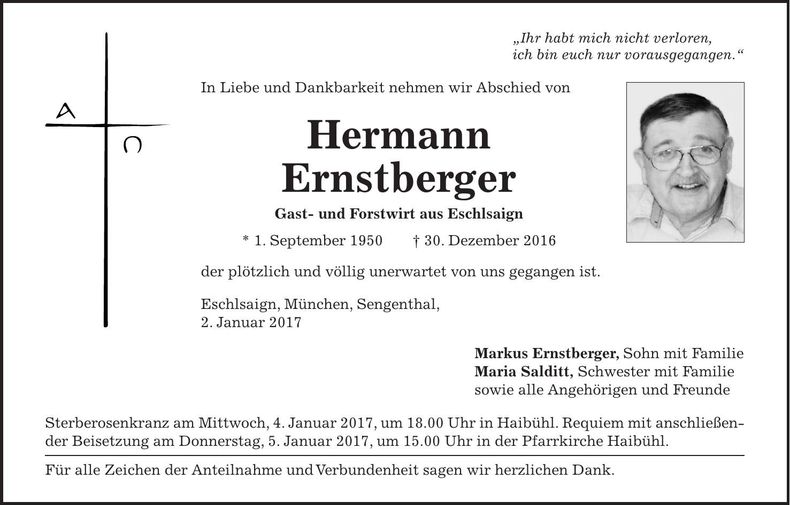 Traueranzeige Hermann Ernstberger