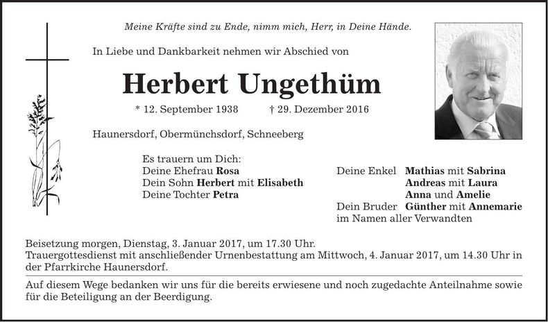 Traueranzeige Herbert Ungethüm