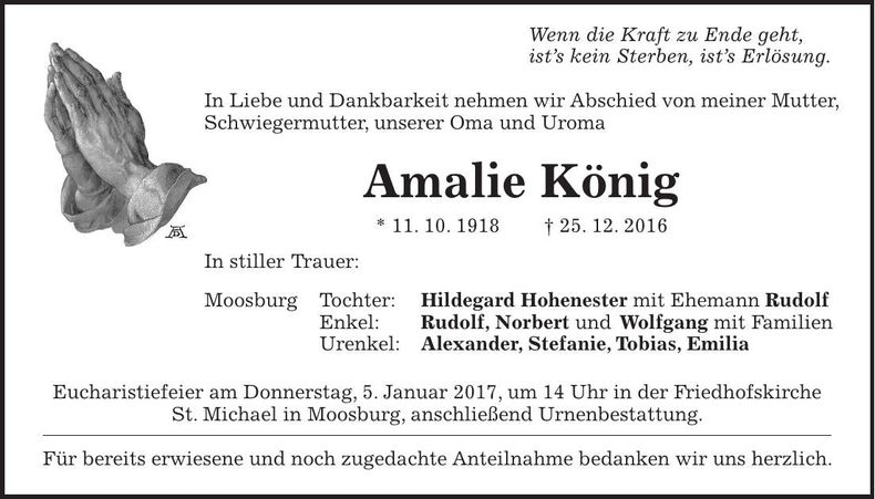 Traueranzeige Amalie König