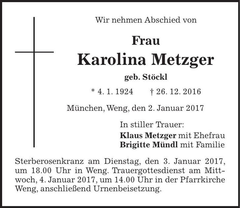 Traueranzeige Karolina Metzger
