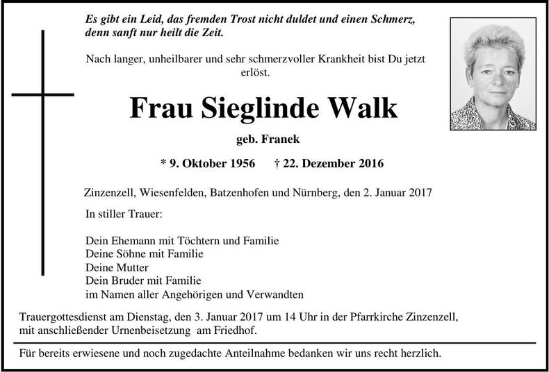 Traueranzeige Sieglinde Walk