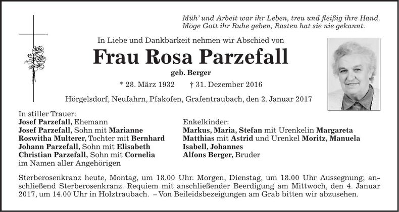Traueranzeige Rosa Parzefall