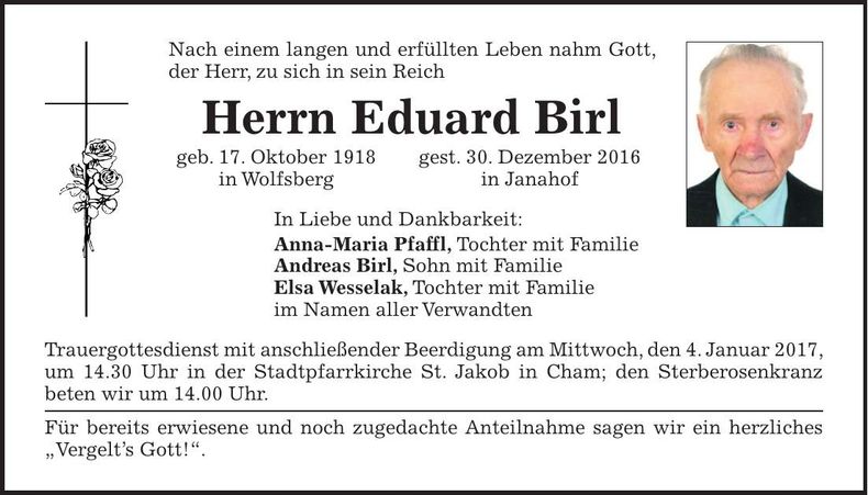 Traueranzeige Eduard Birl