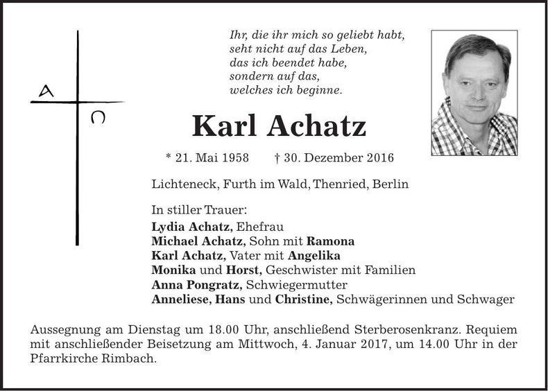 Traueranzeige Karl Achatz